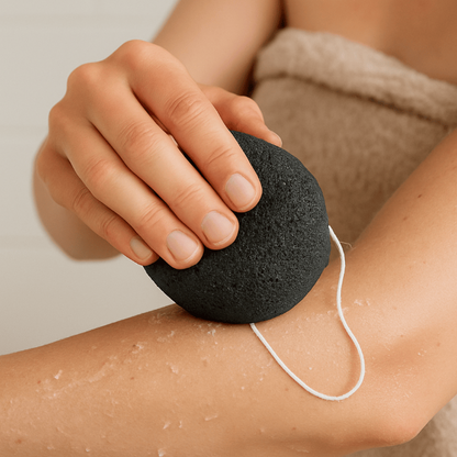 A woman using the charcoal infused Konjac Sponge after getting out of the shower, placing the product in action on her arm.